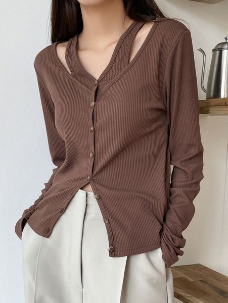 

dazy ribbed knit cut out tee z16u#, White