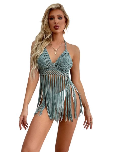 

tie backless fringe trim halter cover up without bikini bottom c2di#, White;black