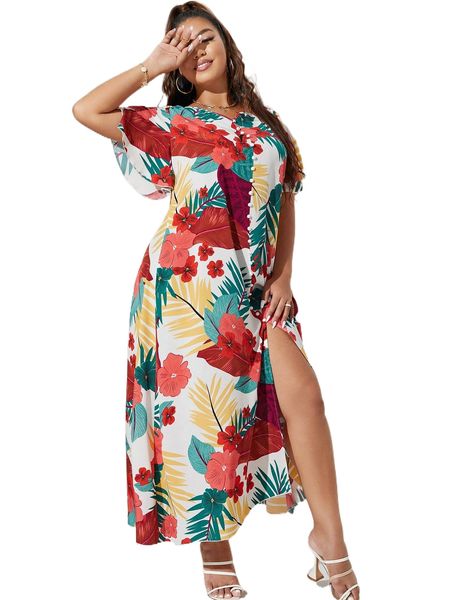 

plus tropical print butterfly sleeve fake button dress v5ub#, Black