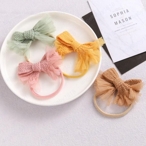 

sweet infant baby lace knitted bowknot headband princess kids nylon elastic hair band children headwear kid accessory 11 colors, Slivery;white