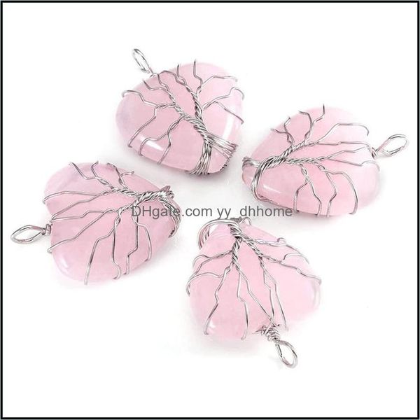 

charms jewelry findings components sier gold wire wrapped natural stone heart tree of life pendant healing chakra crystal amethyst rose qu, Bronze;silver