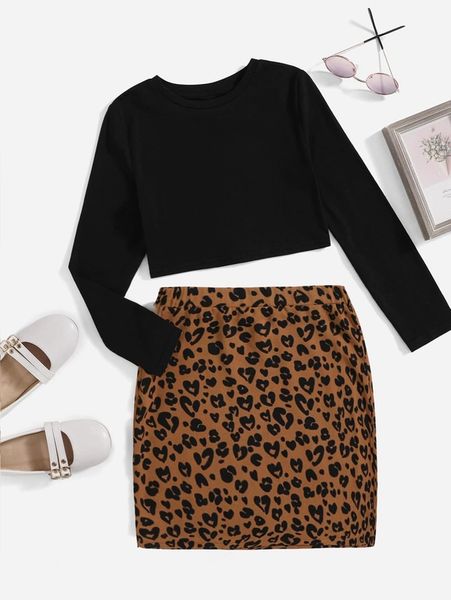 

girls solid tee & leopard print skirt set she, White