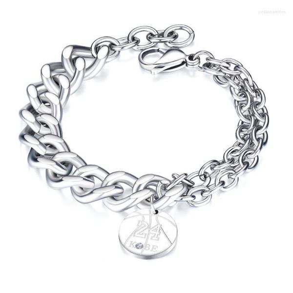 Link Chain Charm Jewelry Basketball Round Drop Stainless Aço masculino Pulseira T-Clasp