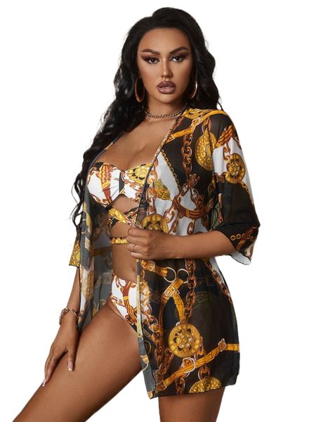 

chain print lace up bandeau bikini swimsuit with kimono 49w3#, White;black