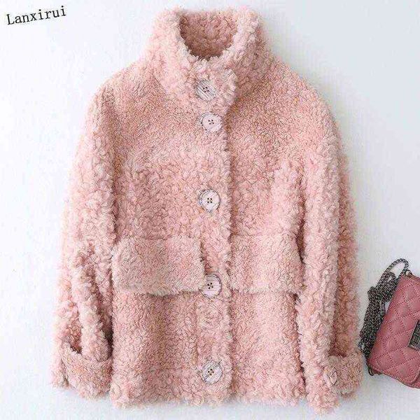 

100% fake wool fur coat sheep shearling autumn winter clothes korean jackets women abrigo mujer l220714, Black