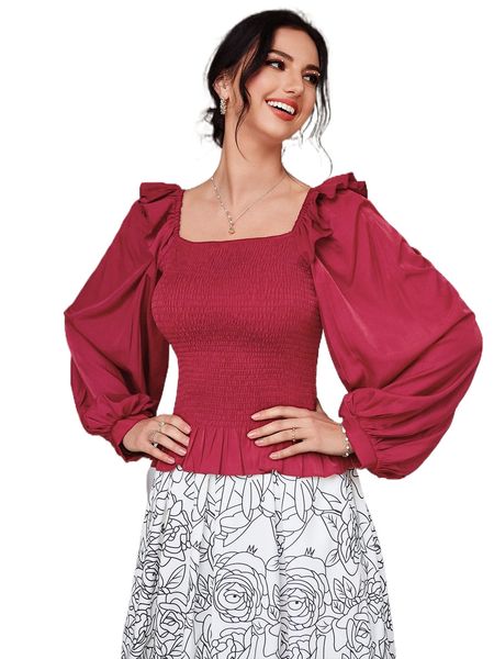 

shirred ruffle trim lantern sleeve blouse k6dg#, White