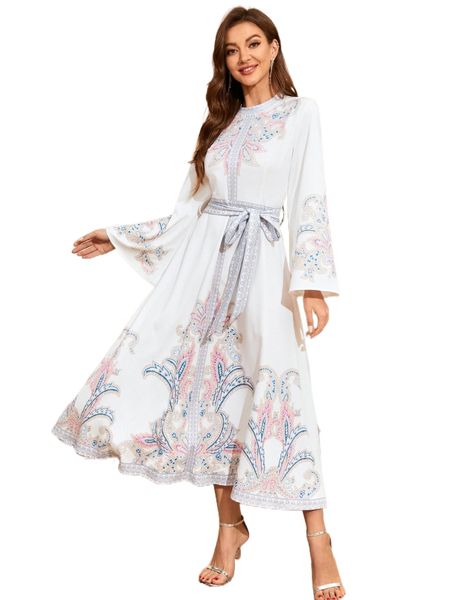 

floral & paisley print trumpet sleeve belted dress 81s7#, Black;gray