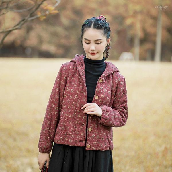 Frauen Daunen Parkas Kurze Baumwolle Kleidung 2022 Herbst Und Winter Nationalen Stil Nostalgische Gebrochene Blumen Freizeit Mit Kapuze EIN Guin22