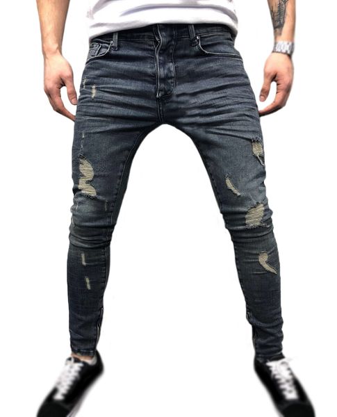 

jeans for men skinny slim fit distressed blue destroyed ripped stretch denim pants hip hop street style