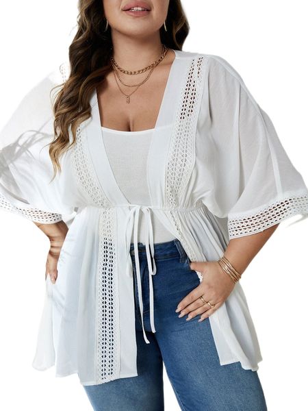 

plus guipure lace panel batwing sleeve split hem kimono o28w#, Black;gray