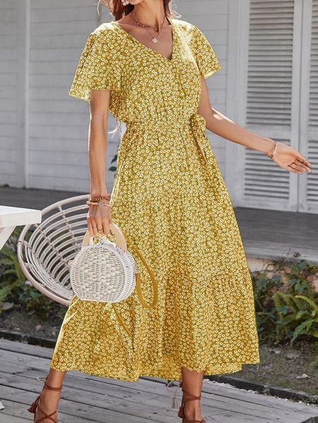 

ditsy floral knot ruffle hem a-line dress z63j#, Black;gray