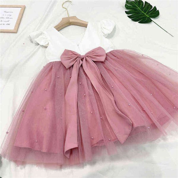 Ragazze Backless Princess Dress Bambino Bambini Vestiti da festa Bambini Baby Pink Ruffles Elegante Matrimonio Compleanno Grande fiocco Tutu Prom G220428