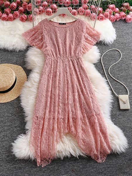 

plus butterfly sleeve hanky hem lace dress e7ux#, Black