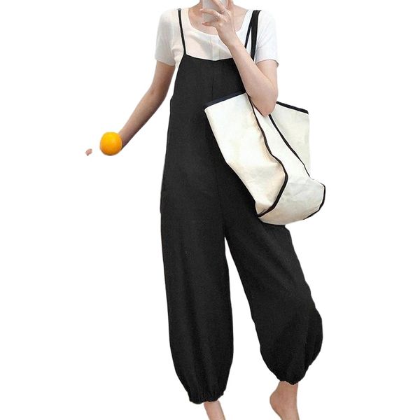 

women summer sleeveless jumpsuit fashion solid rompers casual pants long trousers suspenders vintage overalls femme s-5xl women's jumps, Black;white