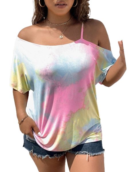 

plus tie dye asymmetrical neck tee j3po#, Black