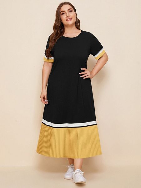 

plus contrast pleated hem colorblock dress s9mo#, Black
