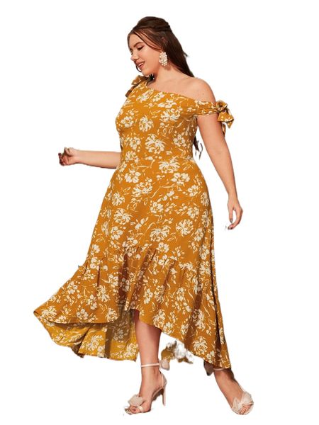 

plus floral print knot asymmetrical neck ruffle hem dress 24t2#, Black