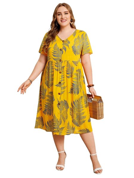 

emery rose plus leaf print smock dress j33e#, Black