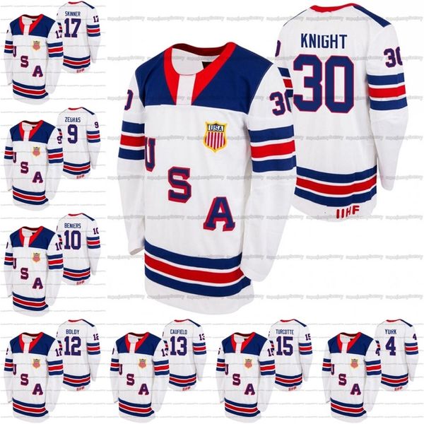 

a3740 custom usa 2021 iihf wjc gold winner jersey spencer knight trevor zegras alex turcotte hunter skinner matthew beniers boldy cole caufi, Black