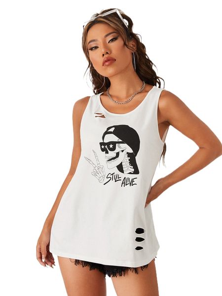 

x dvrkshines slogan & skull print cut out tank i4fm#, White