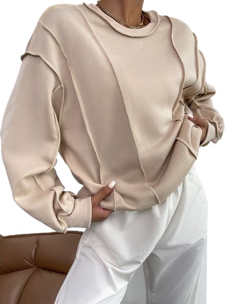 

solid stitching drop shoulder pullover f1t5#, Black