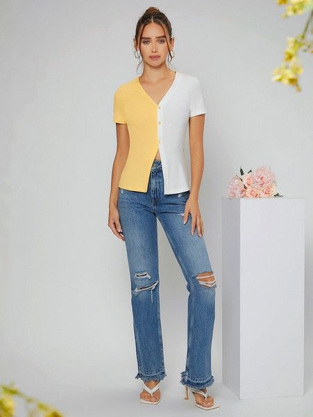 

two tone button front tee l2ee#, White