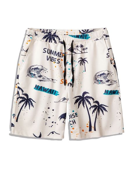 

men tropical print drawstring waist shorts o28x#, White;black