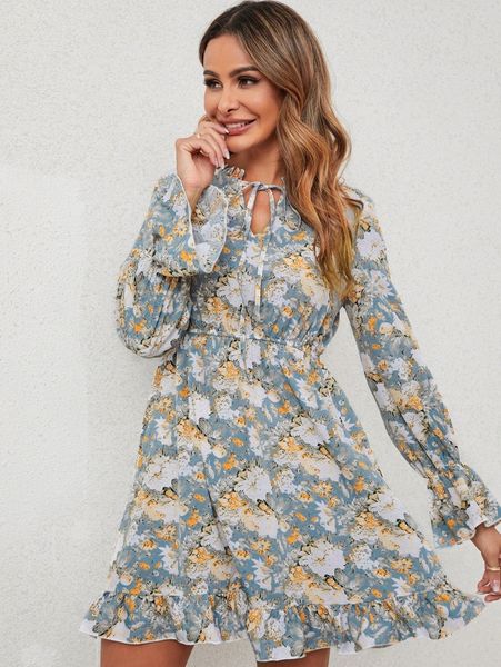 

floral print flounce sleeve frilled tie neck dress e97e#, Black;gray