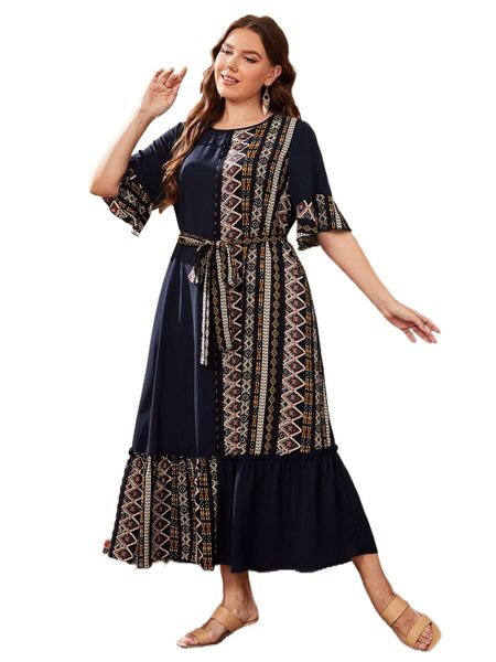 

plus geo print flounce sleeve ruffle hem belted dress 97ab#, Black