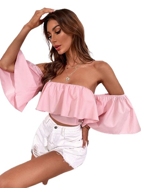 

off shoulder flounce sleeve ruffle trim crop y83c#, White