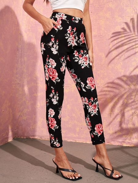 

allover floral print pants l0bv#, Black;white