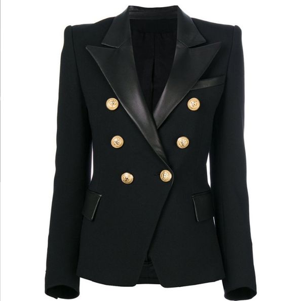 

premium new style blazers original design women's double-breasted slim jacket metal buckles blazer black leather collar outwear size ch, White;black