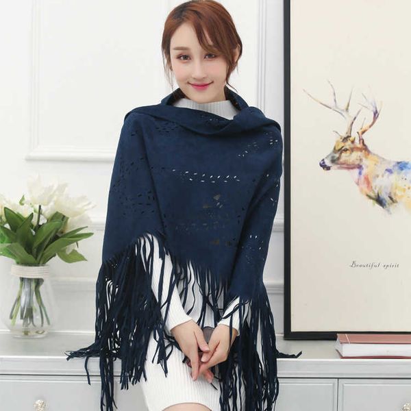 

shawl 2022 suede scarf hollowed out tassel triangular, Blue;gray