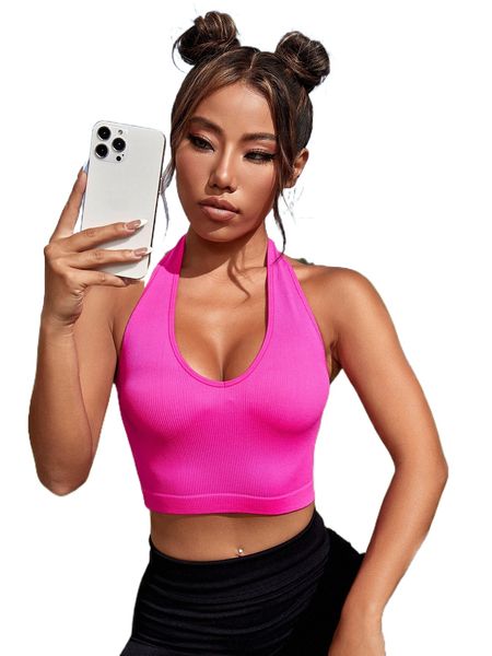 

rib-knit backless crop sports halter x395#, Gray