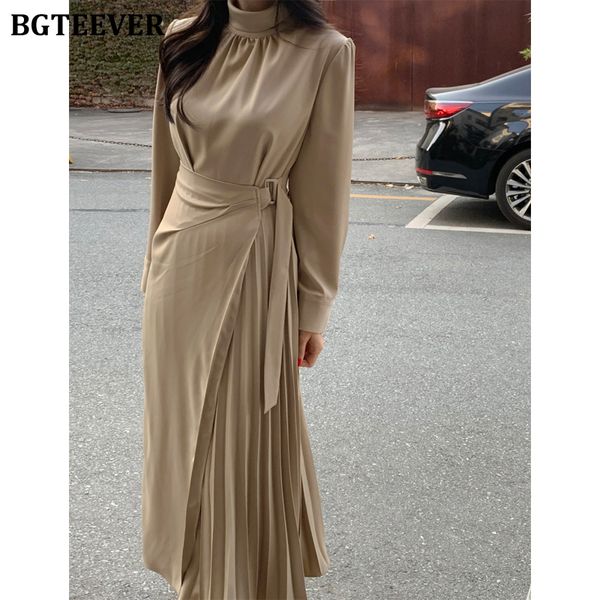 

bgteever elegant stand collar ladies pleated dress 2022 spring vestidos long sleeve belted slim waist women a-line dresses, Black;gray
