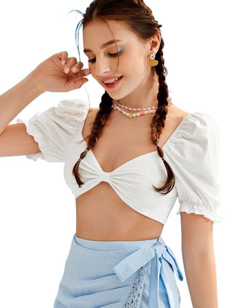 

puff sleeve sweetheart neckline u75w#, White