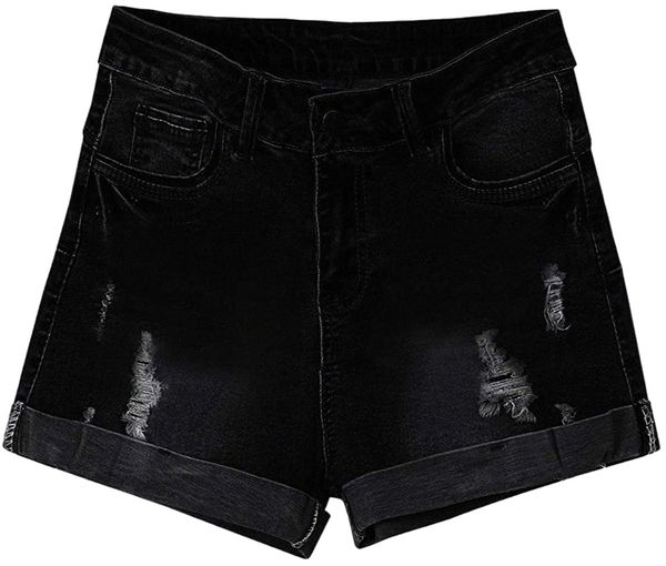 

women teen girls denim shorts casual summer stretchy denim shorts mid waisted folded hem ripped jeans shorts t7bi#, White;black
