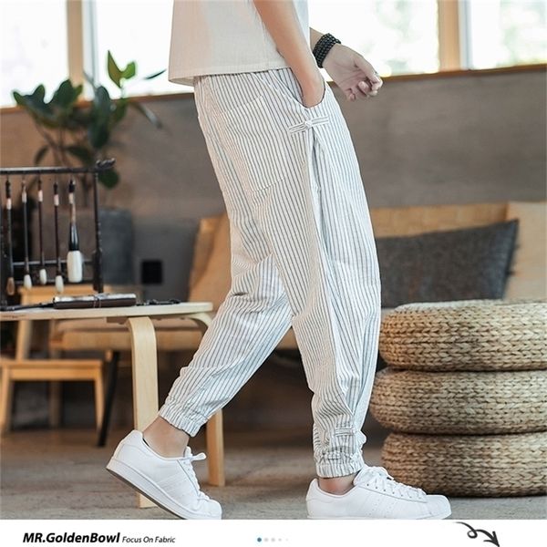 

sinicism store black white striped men harem pants fashion man casual loose pants cotton linen male trousers 5xl 201128