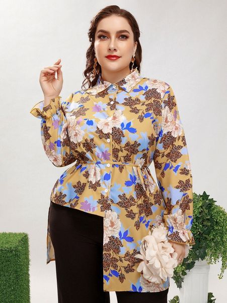 

plus floral print asymmetrical hem belted blouse t86l#, Black
