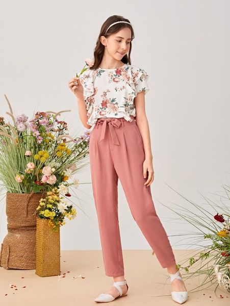 

teen girls floral print ruffle trim & belted pants set she, White