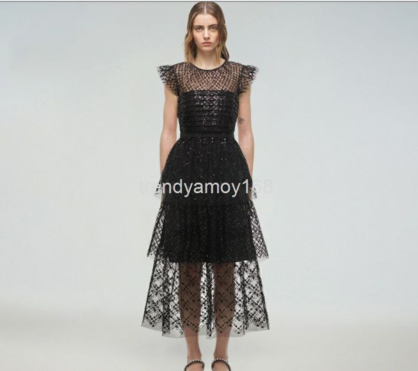 

casual dresses pure original sp classic black small flying sleeve mesh sequin layered dress long skirt outer single high-end women's we, Black;gray