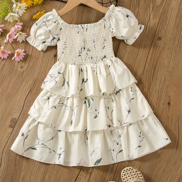 

toddler girls plant print shirred puff sleeve layer hem dress she, Red;yellow