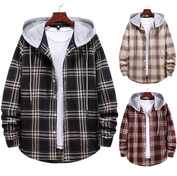 

men's hoodies & sweatshirts plaid shirt jacket men autumn&spring hooded cardigan coat casual street black red plus size for