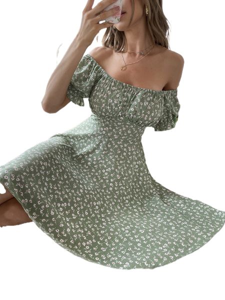 

ditsy floral off shoulder flounce sleeve dress 95wm#, Black;gray