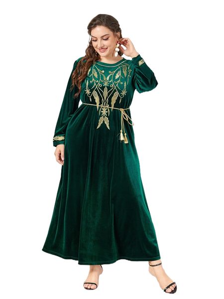 

plus flower embroidered belted velvet dress n5de#, Black