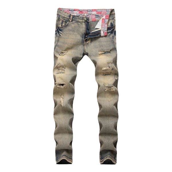 

men's jeans men's fashion knee hole zipper small foot beggars pants straight jeans n8tx, Blue