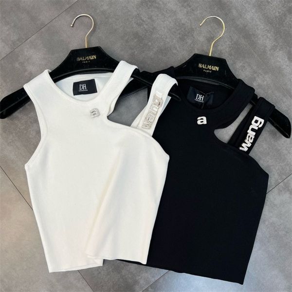 

prepomp summer arrival sleeveless single shoulder hollow out diamonds letters slim knitted tank woomen vest ge319 220607, White