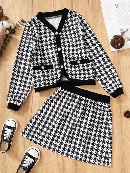 

girls houndstooth print jacket & skirt she, White