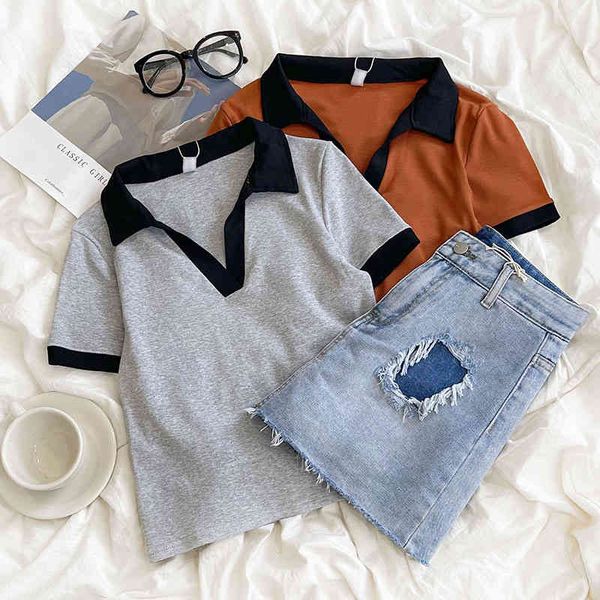 

women's t-shirt 2022 contrast multi panel polo shirt pure desire wind v-neck shows figure summer elastic slim versatile zfkl, White