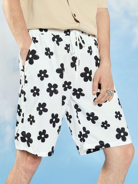 

men random floral print drawstring waist shorts b1yo#, White;black